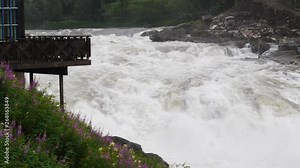 Formofossen powerful river waterfall on the Sanddola River. Water flows in slow motion. Grong Municipality, Nord-Trondelag County, Norway