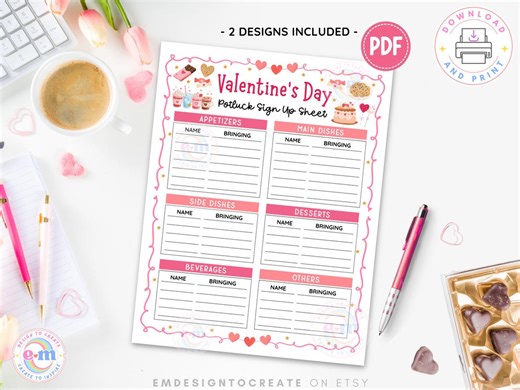 Valentine’s Day Potluck Sign up Sheet Printable: Potluck Signup Form, Food List Planner for Office, School, and Galentine Party (PDF) - Etsy
