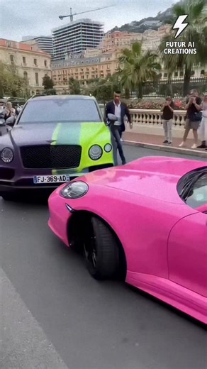 FuturAI Creations on Instagram: "Clash complètement fou à Monaco entre un Bentley Bentayga multicolore et une Porsche 911 rose 💎💥 L’homme devient incontrôlable après l’accrochage… Vidéo humoristique – personnages fictifs générés par IA – pas pour enfants. 🎬 Version longue : https://youtu.be/jBkVGPPpYXM #supercars #monaco #porsche911 #bentley #luxurycars #accident #ia #ReelsFrance"
