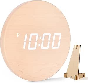 Wireless Minimalist LED Digital Wall Clock – Rechargeable | Desk Holder Included | 12/24 Hour, Night Mode, Silent Clock | Room Decor for Kitchen, Living Room, Bedroom, Office (9 in) (Wooden)