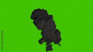 An explosion of military explosives with thick black billowing smoke. An explosion with thick smoke, a bomb explosion, real smoke. VFX animation in front of green screen.