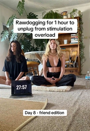 Day 8 of unplugging from constant societal stimulation (friend edition) For this series, I’m intentionally stepping away from constant input: screens, noise, information and using daily meditation as a way to come back to baseline. Less stimulation. More presence. Creating space on purpose in a world that rarely slows down. Todays practice (friend edition) Hannah joined me and we did 30 minutes together. My session felt very up and down, almost like waves. I’m carrying a bit of stress at the mom