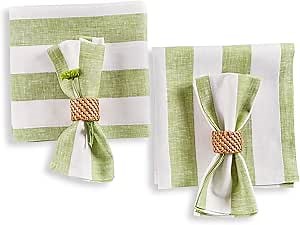 Solino Home Linen Cloth Napkins Set of 4-100% Pure Linen Green and White Striped Dinner Napkins 20 x 20 Inch for Spring, St Patricks Day, Easter - Cabana Stripe, Handcrafted and Machine Washable
