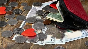 Open wallet with us coins, american dollars banknotes and red heart rotate slowly.