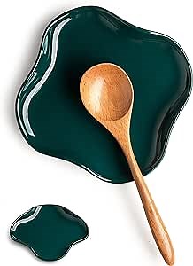 Spoon Holder, Ruffled Edge Ceramic Ladle Holder for Stove Top, Modern Kitchen Decor Stove Spoon Holder Cooking Ladle Holder for Multiple Utensils, Christmas Gifts Dark Green