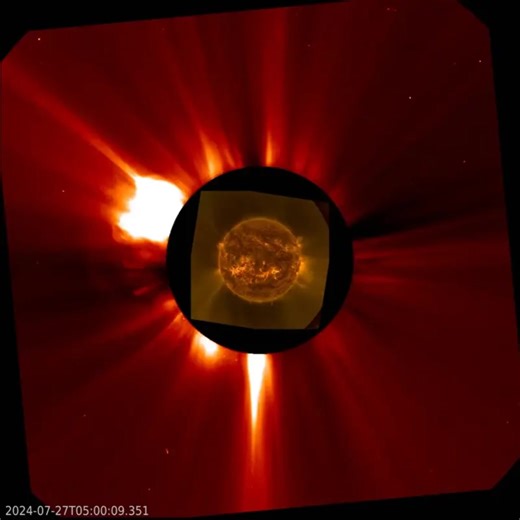 Chunks of sun stuff from July 26 and July 27 are combining to form a cannibal CME. That is, a 2nd, faster CME should overtake the 1st, and the combination might give Earth a grand display of auroras. EarthSky's Deborah Byrd has more. | EarthSky