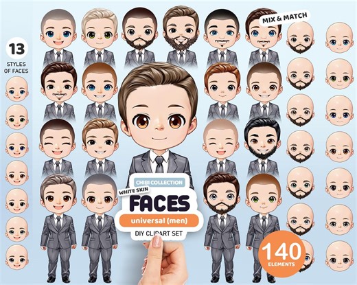 Chibi Men Clipart: Customizable Faces, Hairstyles PNG (digital Download) - Etsy Australia