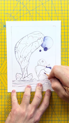 Hank & Carl stop for a few moons at an abandoned lodge on their way to Crab Bay 🦀 🌔 I love drawing landscapes with these tricolor pencils. They glide over Bristol paper perfectly & I like the way you sometimes get 2 or 3 colors in a single line almost creating an anaglyph image ✏️ #pencildrawing #scifiart #drawingprocess