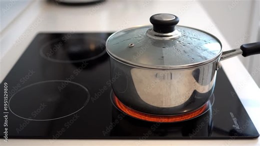 A person is boiling water in a stainless steel pot on an electric stove, with the lid partially on, and the stove's heating element glowing red. The scene is in a modern kitchen with white countertop