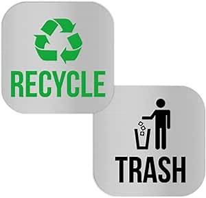 2 Pack Recycle and Trash Magnets,Brushed Silver Recycle Sticker for Trash Bins,Kitchen Trash Cans,Recycling Bins,Outdoor Waste Bin (Square)