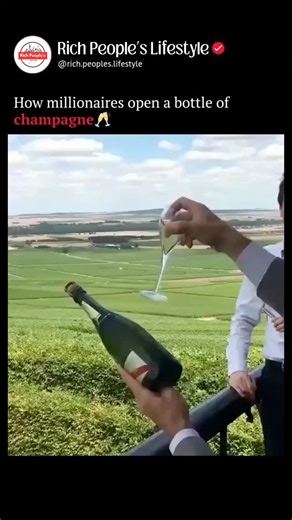 Rich People's Lifestyle on Instagram: "This 42-second clip shows a dramatic way to open a chilled champagne bottle without a cork pop, using nothing but a firm tap from the rim of a flute glass against the bottle’s collar—the ridge just below the neck. The strike targets the bottle’s natural weak point, where the glass is thinnest along the seam. With champagne holding around 5–6 atmospheres of CO₂ pressure inside, the impact creates a micro-fracture that rapidly propagates into a clean break, a