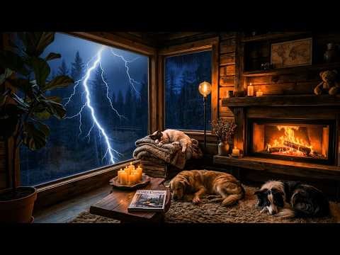 Heavy Thunderstorm Sounds & Fireplace Crackle 🌧️ Cabin Ambience with Dogs and Cat 🐾