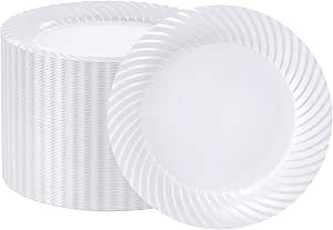 FOCUSLINE 10 Inch White Plastic Plates,100 Count Disposable Heavy Duty Dinner Plates, Premium Hard Plastic for Weddings, Parties and Events