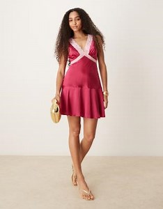 ASOS DESIGN satin flippy mini dress with lace details in pink | ASOS