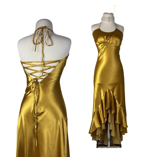 Vintage Gold Satin Halter Maxi Dress Backless Lace up Gown 90s Metallic Evening Dress Mermaid Hem Prom Formal 36 - Etsy