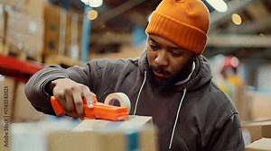 Warehouse Worker Packaging Goods for Shipment, Efficient Packaging and Shipping in a Warehouse Environment, Streamlined Warehouse Packaging Process for Faster Shipments