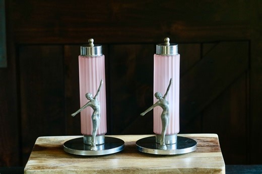 Vintage Art Deco Figural Nude Lamps, Elegant Decor, 1930's Chrome Skyscraper Lamps With Pink Satin Glass Shades, Host Gift, NEW CORDS - Etsy