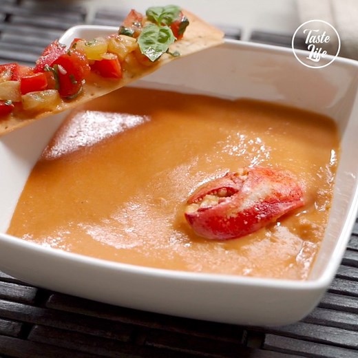 The creamy and silky texture of lobster bisque makes it the perfect starter for an elegant dinner party. Recipe: https://www.tasteshow.com/product/lobster-bisque-and-bruschetta_29508.html | Taste Life
