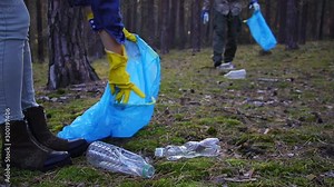 Community volunteers are cleaning forest from plastic pollution. Take responsibility and keep our planet green and clean. Environmental conservation