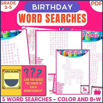 Birthday Word Search Puzzles Fun Food Decorations Activities Tradition Grade 2-5