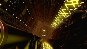 View inside of computer machine. Motion. Abstract digital technological background with lights inside machine.