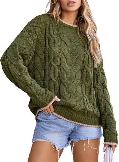 Eytino Fall Sweaters for Women 2025 Casual Crewneck Long Sleeve Color Block Sweater Tops Winter Loose Chunky Cable Knit Pullover Sweaters Green Size L