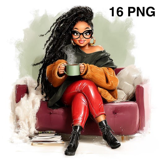 16 PNG Black Overweight Black Woman Drinking Coffee Relax Clipart Self-care Winter Evening Black Plus Size Woman American Girl Card Making - Etsy