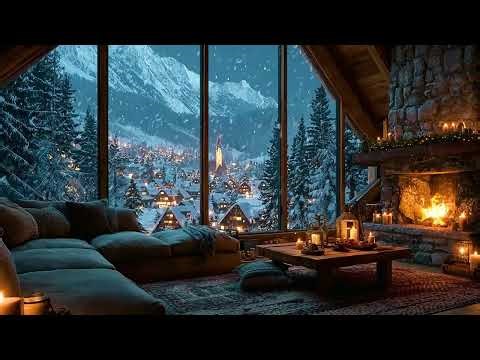 Snowy Cabin at Nightfall | Gentle Winter Sounds and Fireplace Warmth for Rest and Focus