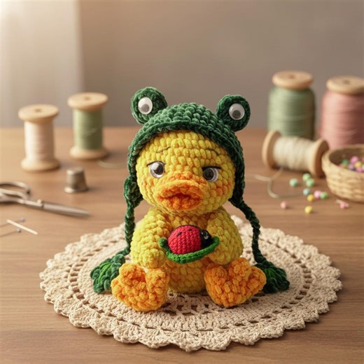 Crochet Duck in a Frog Hat With Lady Bug Pattern - Amigurumi Duckling PDF Pattern (english) - Etsy