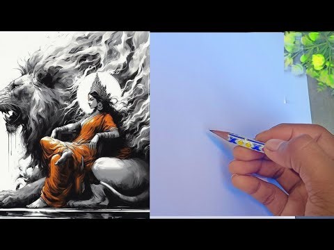 Durga Maa Aura Drawing With lion, Navratri Durga Drawing, How To Draw Maa Durga Step By Step,