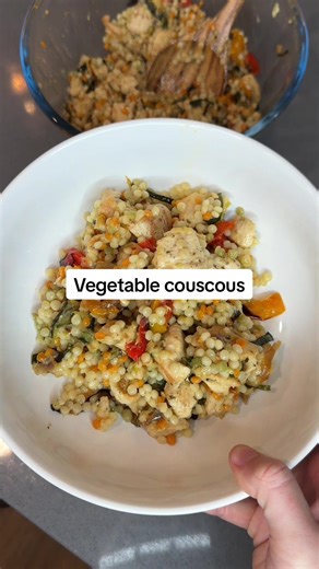 This vegetable and chicken couscous with a lemon Dijon dressing is the perfect way to get a high protein meal with lots of veggies!! What you’ll need: 1.5 lb chicken breast 3-4 veggies (we did peppers, zucchini, red onion) Pearl couscous [DRESSING] 1/2 cup avocado oil 1/4 cup lemon juice 2 tbsp Dijon mustard 1 tbsp honey 2 cloves garlic Salt and pepper 1. Chop your veggies and add to a baking sheet. Drizzle with olive oil, salt, pepper, onion and garlic powder, and Italian seasoning. Bake at 375