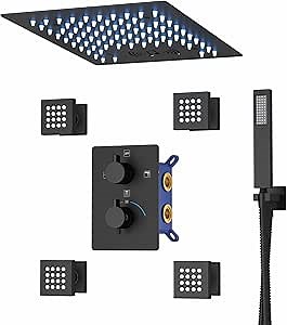 Thermostatic Shower System with Body Jets, 12 Inch Ceiling Mount Shower Systems with Rain Shower and Handheld, Luxury LED Music Shower System Set