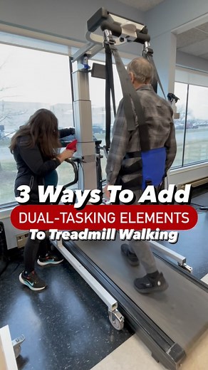 💡Looking for ways to add dual-tasking elements to your sessions? 📌Here are 3 ways we upgraded our treadmill walking: 1️⃣Play catch with someone 2️⃣Toss beanbag to yourself 3️⃣Pass beanbag behind your back ⭐️(“Bonus points” if you drop it AND STILL manage to step over it! 😄) Research has shown that the inability to perform 2 tasks simultaneously is indicative of a higher fall risk. Improving balance, coordination and endurance is an essential aim in therapy to preserve activities of daily livi