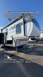 🚨Military Style Quad Bunkhouse🚨 2025 Keystone Sprinter 43FT Quad Bunkhouse! Weighs 13,350Lbs Sleeps 6 or More! Was $86,147! Tony’s Sale $67,990! Total Savings $18,157! $650 A Month! Bath & 1/2 4 Bunkbeds Extra Attic Loft King Bed upfront Auto Leveling Theater Seat Recliners Extreme Weather Package Upgraded Pin Box 2 Sets of Solid Steps Fireplace Huge Refrigerator 4 Table & Chairs 2 Power Awnings Washer & Dryer Prep Huge Pantry & More! Call or text Tony T to purchase! 313-221-0064 ☎️ Delivery a