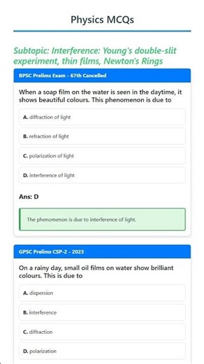 Interference: Young's double-slit experiment, thin films, Newton's Rings