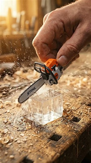 Mini motosserra STIHL vs bloco de gelo. O resultado é satisfatório demais. 🧊 #shorts