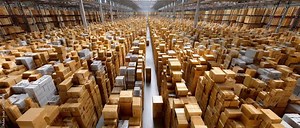 Warehouse Efficiency: An expansive warehouse showcases the organized storage of countless packages, creating a visual symphony of logistics and distribution efficiency.