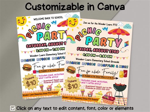 PTO School Picnic Party Flyer, Editable Back to School Fundraisers, Teacher Appreciation Week Invites Community Events, Family Picnic Flyers - Etsy