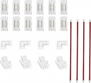 5mm 2Pin 24Pcs Transparent Solderless COB LED Strip Connector Corner Kit,Strip to Wire 4Pcs,Strip to Strip 12Pcs,L-Shape 4P,Red and Black Wire 4Pcs,for 5V 12V 24V LED Strips