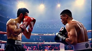 Two Male Boxers Engage in Fierce Exchange of Punches Under Bright Lights, With Sweat Flying, Intense Competition and Raw Power in the Boxing Ring at World Championship, close up view