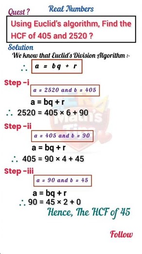 HCF of 405 and 2520 | Euclid's Division Algorithm Class 10 | Real Numbers Solved