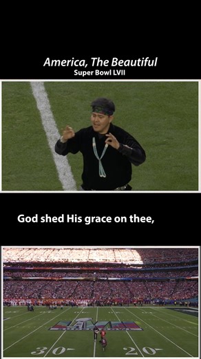 America, the Beautiful' with Sign Language by Colin Denny and singer Babyface #SBLVII [VIDEO DESC & TRANSCRIPT: Colin is standing in the middle of a football field. O beautiful for spacious skies, For amber waves of grain, For purple mountain majesties Above the fruited plain! America! America! God shed His grace on thee, And crown thy good with brotherhood From sea to shining sea! God shed His grace on thee, And crown thy good with brotherhood From sea to shining sea!] | National Association of
