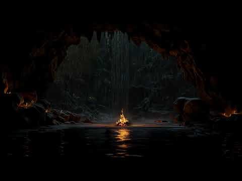 Rain in Cave with Crackling Fire Sounds | Relaxing ASMR Ambience for Sleep and Meditation
