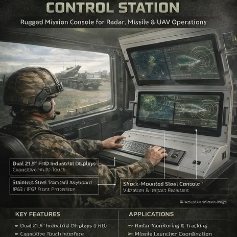 Sundar Techno Solutions on Instagram: "MOBILE COMMANDER CONTROL STATION – MISSION CONTROL ON THE MOVE 🇮🇳 This image showcases a rugged Mobile Commander Control Station installed inside a military command truck, designed for real-time battlefield decision-making. The system enables an Indian Army commander to monitor and control multiple assets while on the move. The console features dual 21.5” Industrial Full HD displays with capacitive multi-touch, providing clear visualization of radar data,