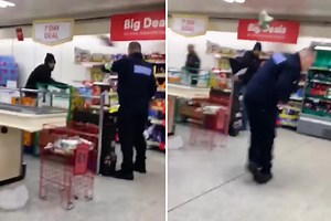 Shocking moment Iceland security guard & shopper lob groceries at each other