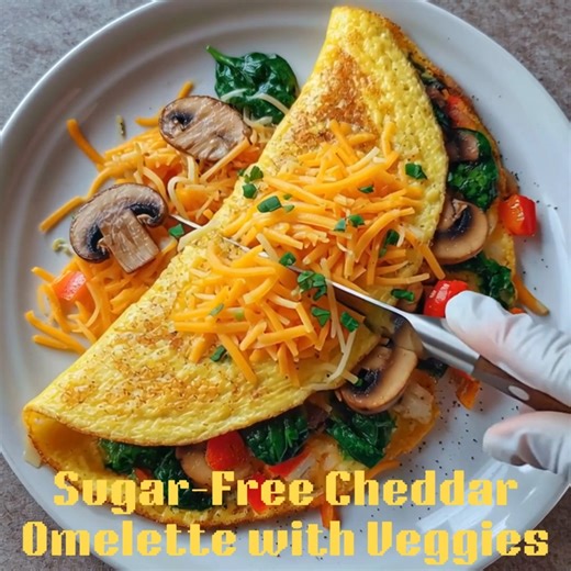 🧀 Sugar-Free Cheddar Omelette with Veggies 🍳 Fluffy, cheesy, veggie-loaded—and completely sugar-free! 📝 Ingredients 3 large eggs 1 tbsp butter ¼ cup diced bell peppers ¼ cup diced onions ¼ cup diced mushrooms ¼ cup spinach ¼ tsp salt ⅛ tsp black pepper ⅛ tsp garlic powder 2 oz shredded cheddar cheese 👩‍🍳 Steps to Create Sauté peppers, onions, and mushrooms in a nonstick skillet for 3–4 minutes. Add spinach and cook until wilted; remove veggies from the pan. Whisk eggs with salt, pepper, and