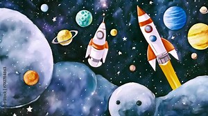 Kids drawing universe space rocket Stars and planets. pulsing in space cartoon animation hand drawn, dynamic, cartoon on cosmic background. Animation water oil effect. Little pilot in space galaxy 4k