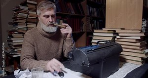 Ernest Hemingway is cutting a cigar and putting it in his mouth, library, 4k