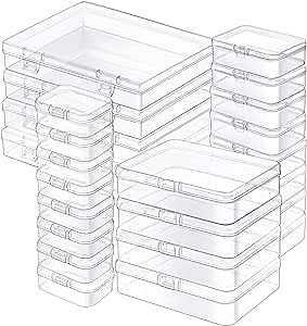 24 Pack Mixed Sizes Rectangular Mini Plastic Containers Clear Plastic Storage Boxes with Hinged Lids and Labels Empty Beads Organizers for Small Items Art Craft Jewelry Projects