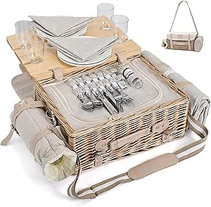 Multifunctional Wicker Picnic Basket Set for 4 with Blanket and Picnic Table, Insulated Picnic Set with Full Tablewares for Camping Outdoor Couples, Flowers